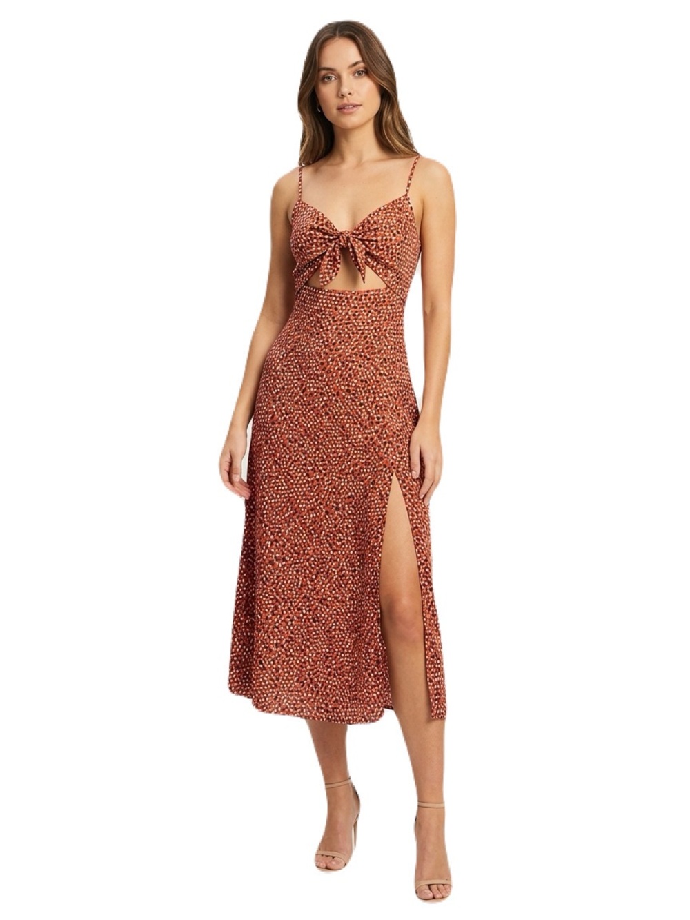 Maya Tie-Front Cutout Midi Dress Orange Polka Dot 8